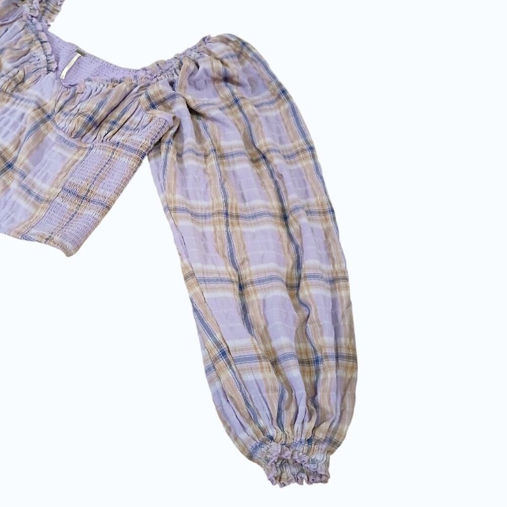 FREE PEOPLE Lavender Plaid Puff Sleeve Crop Midriff Blouse - Picture 9 of 12